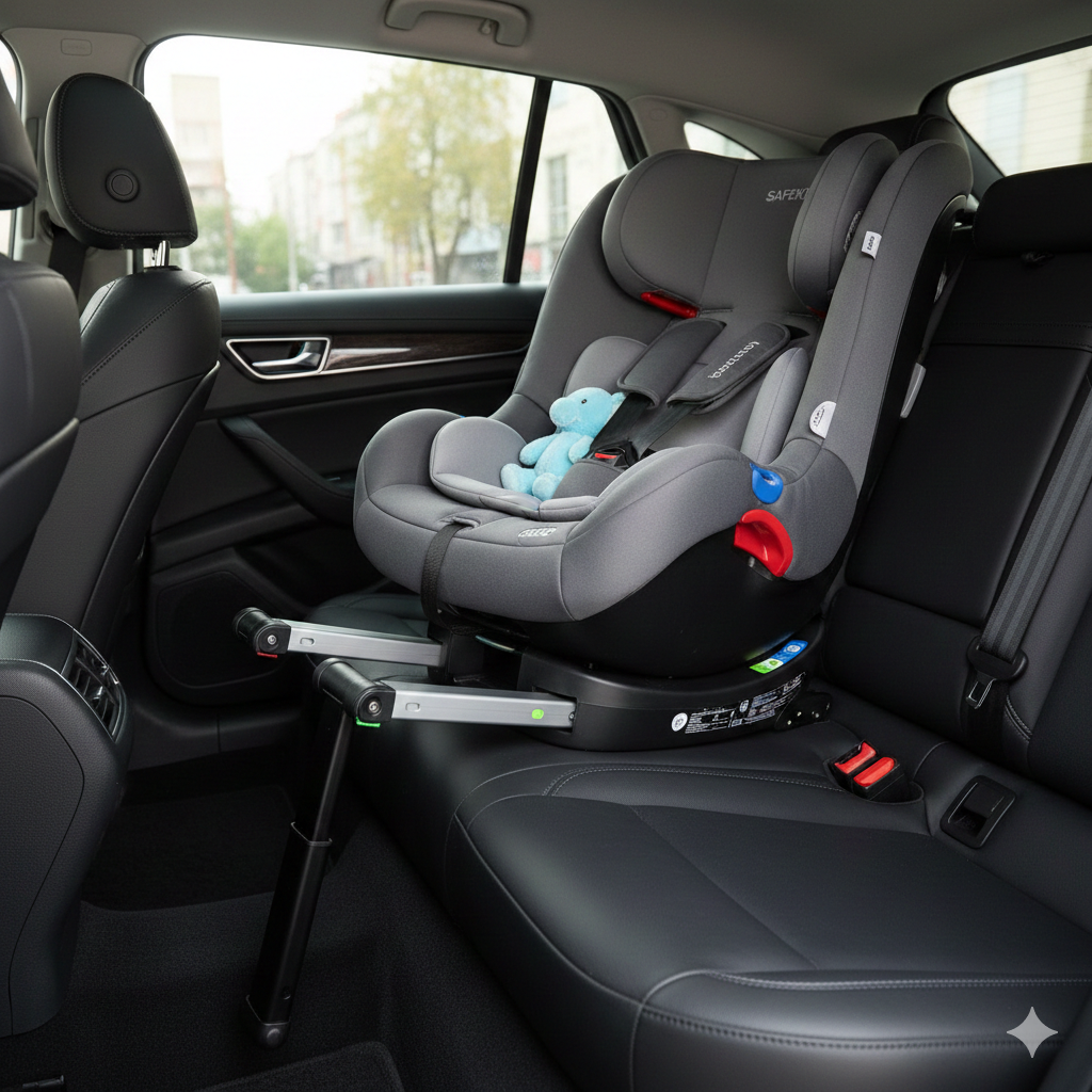 ISOFIX child car seat with green anchor indicators installed in Bali transfer vehicle