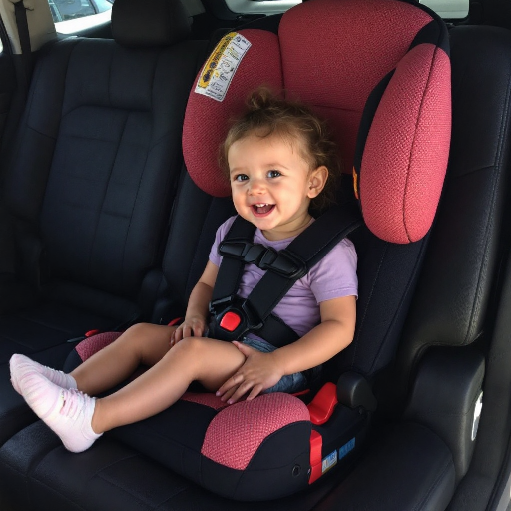 Child secured in high-back booster seat in taxi