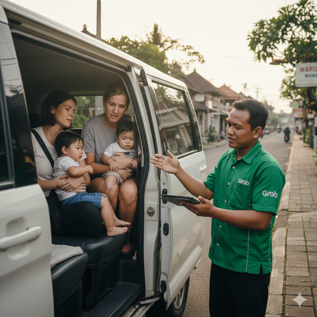 Parent with baby at Bali airport Grab pickup zone without child seat