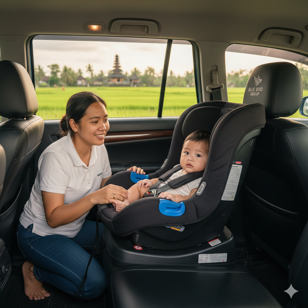 Rear-facing infant capsule installed in Bali airport transfer vehicle